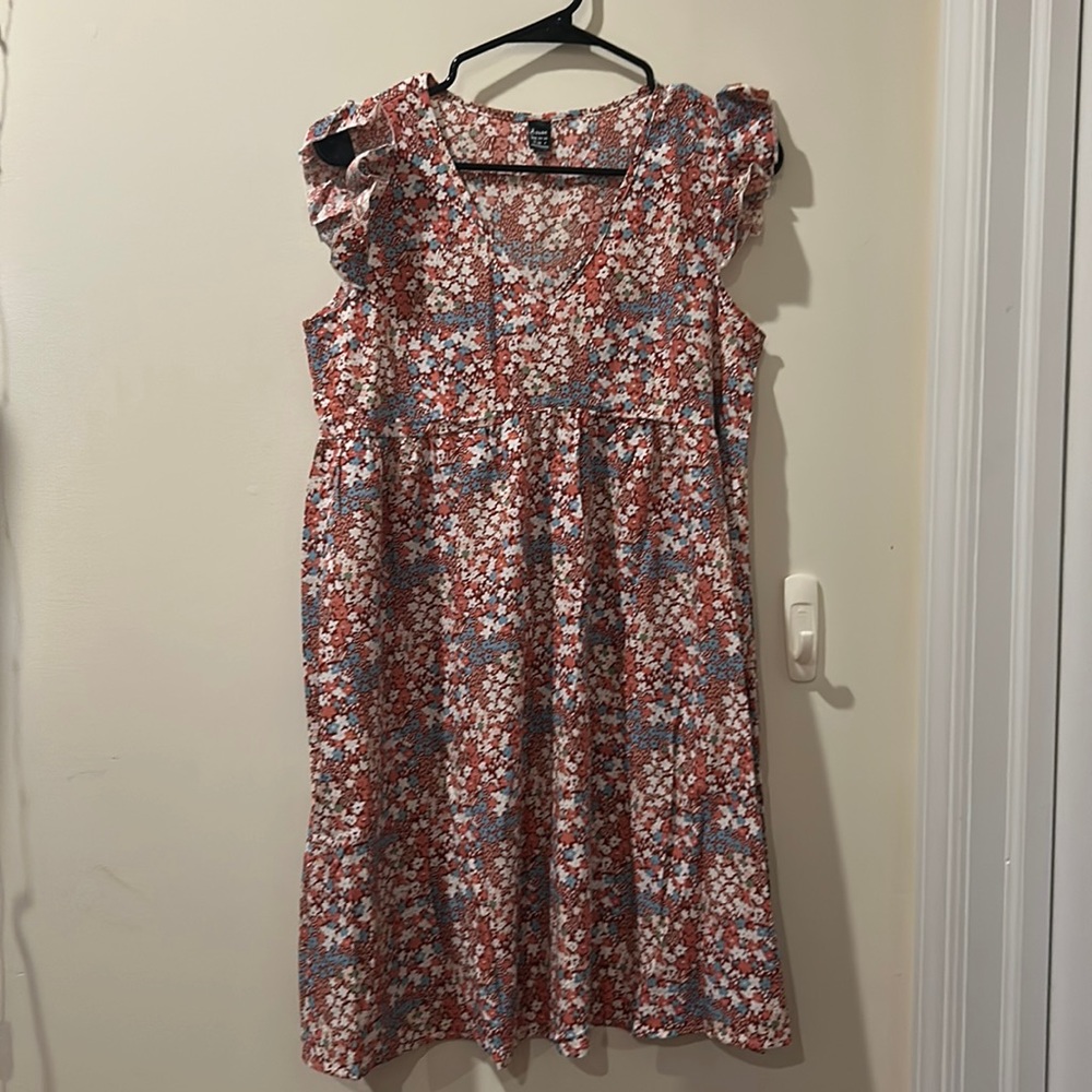Floral knee length dress with ruffle cap sleeve